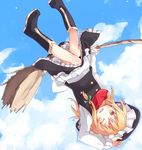  arm_up blonde_hair blue_sky boots broom broom_riding cloud day hat kirisame_marisa long_hair one_eye_closed open_mouth shiroshi_(denpa_eshidan) skirt sky smile solo touhou upside-down yellow_eyes 