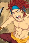  1boy abs angry eustass_captain_kid fighting_stance looking_at_viewer male male_focus one_piece open_mouth perusona4saikou red_eyes red_hair sash solo sword topless weapon young younger 