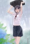  bag blue_eyes blush bra briefcase flower hydrangea ikeda_jun_(mizutamari) open_mouth original purple_hair rain school_bag school_briefcase school_uniform see-through short_hair skirt solo tree underwear wet wet_clothes wet_hair 