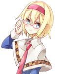  adjusting_hair alice_margatroid bespectacled blonde_hair blue_eyes capelet dress_shirt glasses necktie pink-framed_eyewear shiroshi_(denpa_eshidan) shirt short_hair smile solo touhou upper_body 