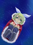  blonde_hair from_below fur_trim green_eyes hair_ornament hair_ribbon hairclip hood kagamine_rin knee_blush leg_warmers miniyu ribbon santa_costume shorts sky solo star_(sky) starry_sky vocaloid 