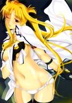  arm_strap black_gloves black_legwear blonde_hair blush breasts cape cleavage covering covering_breasts fate_testarossa gloves hair_ribbon highres long_hair lyrical_nanoha mahou_shoujo_lyrical_nanoha_strikers medium_breasts mikazuki_akira! navel one_eye_closed panties parted_lips red_eyes ribbon scan solo thighhighs topless twintails underwear underwear_only undressing very_long_hair white_panties 