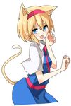  alice_margatroid animal_ears blonde_hair blue_dress blue_eyes cape cat_ears cat_tail dress dress_shirt hairband kemonomimi_mode looking_at_viewer necktie open_mouth paw_pose shiroshi_(denpa_eshidan) shirt sketch smile solo tail touhou 