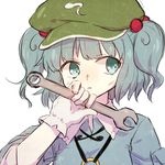  blue_eyes blue_hair combination_wrench gloves hair_bobbles hair_ornament hat honotai kawashiro_nitori short_hair solo touhou two_side_up white_background wrench 