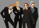  4boys alternate_costume ben_beckman bespectacled blonde_hair brown_hair collared_shirt crossed_arms formal glasses grey_hair hiang2 male male_focus marco multiple_boys necktie one_piece red_hair red_shirt scar shanks shirt suit sunglasses tattoo thatch 