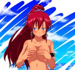  armlet bellows_(suisei_no_gargantia) blue_eyes blush body_blush breasts cleavage covering covering_breasts earrings gloves hoop_earrings hoshiyuki_aruru jewelry large_breasts nude parted_lips ponytail red_hair solo suisei_no_gargantia 