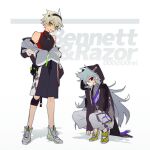  2boys absurdres alternate_costume background_text bangs bennett_(genshin_impact) black_jacket character_name closed_mouth commentary ear_piercing genshin_impact green_eyes grey_hair grey_jacket grin hair_between_eyes hairband hands_in_pockets highres hood hood_up hooded_jacket jacket long_hair long_sleeves male_focus multiple_boys off_shoulder pants piercing razor_(genshin_impact) red_eyes scar scar_on_face shoes shorts simple_background sleeveless smile sneakers squatting standing symbol-only_commentary tiptoes twitter_username two-tone_background u0rei very_long_hair 