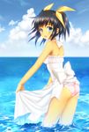  ass bikini bikini_under_clothes black_hair dress from_behind green_eyes ocean original short_hair solo swimsuit swimsuit_under_clothes touto_seiro twintails wading water 