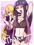  arm_up black_hair blonde_hair blue_eyes body_swap breasts chikuri cleavage hair_over_one_eye hyuuga_hinata jacket long_hair middle_finger midriff naruto naruto:_road_to_ninja naruto_shippuuden navel open_clothes open_jacket open_mouth short_shorts shorts standing very_long_hair yamanaka_ino 