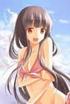  :d bikini breasts brown_hair cleavage groin houraisan_kaguya long_hair medium_breasts open_mouth pink_bikini red_eyes smile solo swimsuit touhou transistor upper_body very_long_hair 