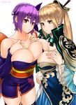  asymmetrical_docking ayane_(doa) blonde_hair breast_press breasts covered_nipples crossover dead_or_alive highres large_breasts multiple_girls purple_hair sangoku_musou shin_sangoku_musou wang_yuanji zonda_(solid_air) 