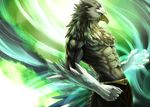  abs abstract_background anthro aotsuki091 avian beak biceps big_muscles bird blue_eyes brown_body chest_tuft claws clothing eagle feathers fur gloves_(marking) light loincloth magic male markings muscles pecs pose sky_(artist) solo standing talons toned topless tuft 