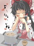  ^_^ apron bare_shoulders black_hair blush bow bowl closed_eyes detached_sleeves fire flame gaoo_(frpjx283) hair_bow hair_tubes hakurei_reimu heart highres ladle long_hair musical_note pot smile solo stew stove touhou yin_yang 