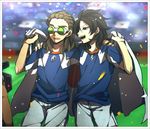  brown_hair fudou_akio goggles inazuma_eleven_(series) inazuma_eleven_go inazuma_eleven_go_vs_danball_senki_w inazuma_legend_japan kidou_yuuto long_hair male_focus multiple_boys open_mouth saku_anna soccer_uniform sportswear 