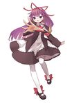  bow dress feli_(puyopuyo) frills full_body hair_bow long_hair mary_janes monaka_ooji outstretched_hand pantyhose petticoat purple_eyes purple_hair puyopuyo puyopuyo_fever shoes smile solo white_background white_legwear 