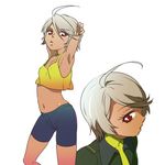  1girl ahoge armpits arms_behind_head arms_up bike_shorts dark_skin dual_persona flat_chest looking_at_viewer midriff navel red_eyes silver_hair simple_background skin_tight spandex uchuu_senkan_yamato uchuu_senkan_yamato_2199 yamamoto_akira young younger 