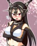  bare_shoulders black_hair blush bococho breasts elbow_gloves flying_sweatdrops gloves kantai_collection large_breasts long_hair looking_at_viewer nagato_(kantai_collection) navel open_mouth red_eyes solo 