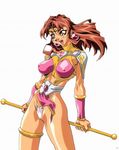  90s armor brown_hair cameltoe choujin_gakuen_gowcaizer covered_nipples earings earrings erect_nipples fang fundoshi highres jewelry karin_son oobari_masami power_suit shiny son_karin spandex tan tanned technos voltage_fighter_gowcaizer 