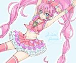  armpits arms_up blue_eyes bow choker copyright_name cure_melody houjou_hibiki long_hair midriff mironomeo pink_bow pink_choker pink_hair precure smile solo suite_precure thighhighs twintails 