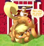  applejack_(mlp) barn blonde_hair blush clothing cowboy_hat cutie_mark dialog duo english_text equine eyes female feral freckles friendship_is_magic fur grass green_eyes hair hat horse human khorme male mammal my_little_pony orange_fur outside pony size_difference text unknown_artist 