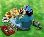  1boy bandanna coffee denim fake_mustache glasses goggles jeans male male_focus mallet nail one_piece pants pliers screwdriver sitting solo toolbox usopp vise wire wrench 