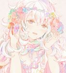  blush breasts cleavage curly_hair flower flower_wreath grey_background hair_flower hair_ornament head_tilt head_wreath long_hair looking_at_viewer open_mouth original ribbon sakuragi_kei simple_background small_breasts smile solo wreath 