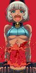  animal_ears bare_shoulders bell bell_collar belt belt_buckle blood blue_eyes bob_cut breasts buckle cat_ears collar dark_skin fangs fingerless_gloves gloves guro happy kirusu medium_breasts ms._fortune_(skullgirls) open_mouth red_background scar short_hair skullgirls solo underboob white_hair 