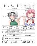  aoshima black_ribbon blush heart heart_of_string konpaku_youmu marriage_certificate multiple_girls pink_hair red_string ribbon saigyouji_yuyuko string touhou translated white_hair yuri 