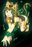  :d all_fours animal_ears anklet bad_id bad_pixiv_id barefoot bastet_(p&amp;d) blush bracer brown_hair cat_ears cat_tail fang green_eyes headdress heart highres jewelry long_hair mukoujima_tenro musical_note open_mouth puzzle_&amp;_dragons skirt smile solo tail 