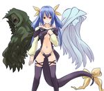  asymmetrical_wings bare_shoulders blue_hair blush bow breasts choker cleavage dizzy guilty_gear hair_bow hand_on_own_chest large_breasts long_hair miyo_(ranthath) navel necro_(guilty_gear) red_eyes ribbon skull solo tail tail_ribbon thighhighs twintails underboob undine_(guilty_gear) wings 