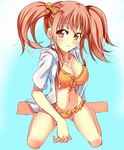  bikini bikini_under_clothes breasts brown_eyes brown_hair cleavage frilled_bikini frills hataraku_maou-sama! hood hooded_jacket hoodie jacket kazeoto_kirito large_breasts navel open_clothes open_hoodie open_jacket orange_bikini sasaki_chiho short_hair sitting solo swimsuit swimsuit_under_clothes twintails wariza 