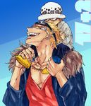  2boys blonde_hair carrying child donquixote_doflamingo donquixote_pirates fur_trim goggles goggles_on_head hat male male_focus multiple_boys nekoso one_piece shoulder_carry smile sunglasses trafalgar_law young younger 
