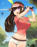  belt blurry blush breasts brown_hair crop_top crop_top_overhang day depth_of_field gloves golf golf_club grass highres kamo_kamen large_breasts long_hair looking_at_viewer midriff navel open_mouth original purple_eyes shiny shiny_skin shirt short_shorts short_sleeves shorts sky solo taut_clothes taut_shirt thigh_gap tree visor_cap 