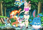  1girl artist_request azumarill blonde_hair breasts buneary cleavage collarbone denim denim_shorts female fire flygon forest glaceon hair_ornament hips infernape large_breasts midriff nature navel nintendo open_mouth pokemon pokemon_(game) pokemon_xy roselia short_shorts shorts sky solo sylveon tattoo tongue tree walking wide_hips 