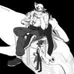  2boys alcohol barubituru bicorne duo edward_newgate father&#039;s_day father's_day hat highres jacket_on_shoulders male male_focus monochrome multiple_boys one_piece pirate pirate_hat portgas_d_ace sake sitting 