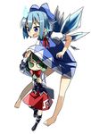  :&lt; barefoot blue_hair blush bow cirno dress dress_lift front_ponytail green_eyes green_hair hair_bow ice ice_wings kagiyama_hina kannazuki_hato multiple_girls open_mouth ringed_eyes short_hair simple_background size_difference sweatdrop syringe touhou wings 