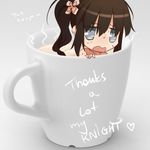  blue_eyes brown_hair copyright_request cup english flower hair_flower hair_ornament hot in_container in_cup long_hair lowres minigirl nude solo sweat tusia twintails wavy_mouth 