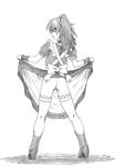  ass back bottomless choker full_body glasses graphite_(medium) greyscale hair_ornament harumachi_nagaaki highres long_hair maid monochrome no_panties open_mouth original ponytail pussy ribbon signature skirt skirt_lift solo traditional_media wristband 