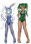  alternate_costume anger_vein angry animal_ears bare_legs barefoot blue_eyes blue_hair blush breasts bunnysuit clenched_hands dark_skin genderswap genderswap_(mtf) green_hair highres league_of_legends long_hair medium_breasts multiple_girls nam_(valckiry) one-piece_swimsuit pantyhose personification renekton school_swimsuit short_hair small_breasts standing sweat swimsuit twintails xerath yellow_eyes 