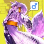  &#9794; blush canine clothing crossdressing fan flower fur girly hair japanese_clothing kimono long_hair looking_at_viewer makeup male mammal monoeye pants red_eyes rubber solo standing white_fur white_hair wolf 