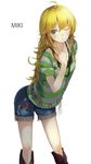  ahoge blonde_hair blush character_name green_eyes hand_on_own_chest hoshii_miki idolmaster idolmaster_(classic) long_hair one_eye_closed short_sleeves shorts solo tsukimura very_long_hair white_background 