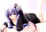  ahoge barefoot blush dd_mayohara hair_ornament jacket legs_up long_hair looking_at_viewer lying on_stomach open_mouth purple_eyes purple_hair smile solo twintails vocaloid voiceroid yuzuki_yukari 