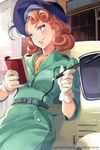  artist_name belt blue_eyes car character_request comet_(teamon) earrings fountain_pen gloves ground_vehicle hat jewelry lips long_hair looking_away mandrake_girls mandrake_girls_2 mole mole_under_eye motor_vehicle open_mouth orange_hair pen smile solo text_focus white_gloves 