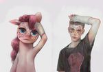  blue_eyes button buttons clothing comparison crookedtrees duo equine eyes female feral friendship_is_magic fur hair horse human long_hair male mammal my_little_pony pink_fur pink_hair pinkie_pie_(mlp) plain_background pony shirt ydkmorimoe 