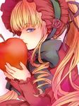  apple bad_id bad_pixiv_id blonde_hair blue_eyes blush bonnet bow doll dress drill_hair expressionless flower food fruit hair_ribbon hairband holding holding_food holding_fruit konnyaku_serori long_hair long_sleeves looking_at_viewer red_dress red_flower red_rose ribbon rose rozen_maiden rozen_maiden_traumend shinku solo twintails 