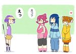  ^_^ aida_mana bad_id bad_pixiv_id blue_hair braid closed_eyes coat covering_mouth dokidoki!_precure double_bun dressing golf_club half_updo heart hishikawa_rikka kenzaki_makoto long_hair lucille multiple_girls o_o orange_hair pantyhose pink_hair precure purple_hair short_hair smile spoken_heart standing visor_cap winter_clothes yotsuba_alice 