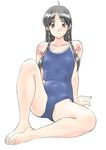  ahoge arm_support barefoot black_hair blue_swimsuit braid brown_eyes eyebrows_visible_through_hair full_body hair_ribbon knees_apart_feet_together long_hair looking_at_viewer one-piece_swimsuit polorinken ribbon sentimental_graffiti simple_background sitting smile solo sugihara_manami sweat swimsuit twin_braids twintails white_background 