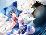  blonde_hair blue_eyes blue_hair bow cirno frog gengetsu_chihiro hair_bow hat highres ice ice_wings moriya_suwako multiple_girls open_mouth short_hair touhou wings 