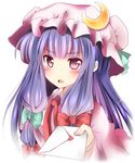  blush confession hair_ribbon hat highres letter long_hair looking_at_viewer love_letter open_mouth patchouli_knowledge pink_eyes purple_hair ramudia_(lamyun) ribbon silver_hair solo touhou tress_ribbon upper_body white_background 