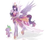  bare_shoulders centaur dress horn jewelry kazeco multicolored_hair my_little_pony my_little_pony_friendship_is_magic necklace purple_skin signature spike_(my_little_pony) streaked_hair tail tiara twilight_sparkle two-tone_hair white_background wings 